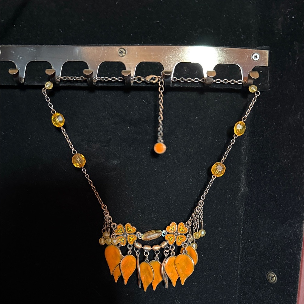 Handcrafted Orange Enamel Leaf Necklace - Women Jewelry